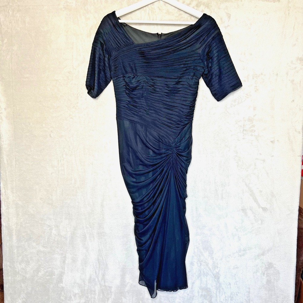 Tadashi Shoji Dress Black Draped Asymmetrical Ruched Sz XS‎